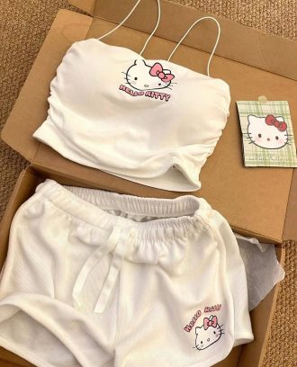 Beyaz Hello Kitty Crop Şort Alt Üst Takım